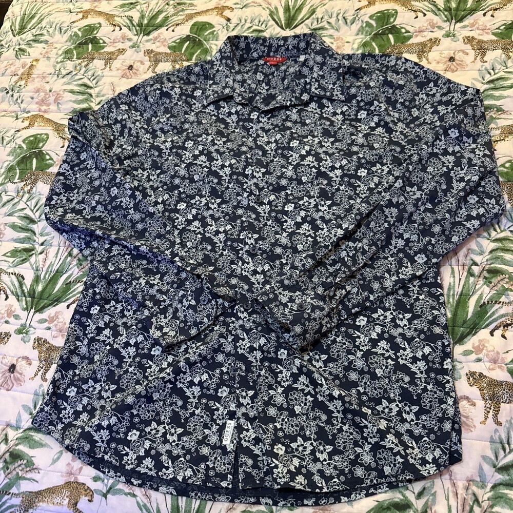 Guess Los Angeles Mens Slim Button Shirt Long Sleeve Navy Floral Print Size L